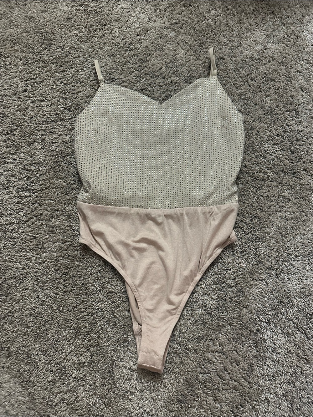 Big Waterblue Sky Rhinestone One Piece Bodysuit Beige/Silver Size M